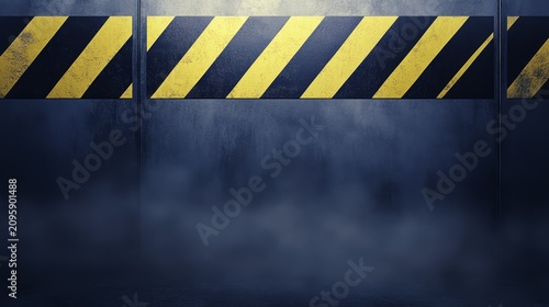 Industrial caution warning background with black and yellow hazard stripes and thick heavy smoke in dark setting