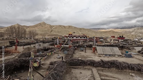 Rooftop view Lo Manthang from Jampa Lhakhang Monastery hills Upper Mustang Nepal landscape