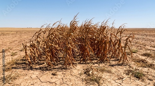 Withered Brown Dead Corn Stalks Drooping in a Parched Cracked Field Showing Drought