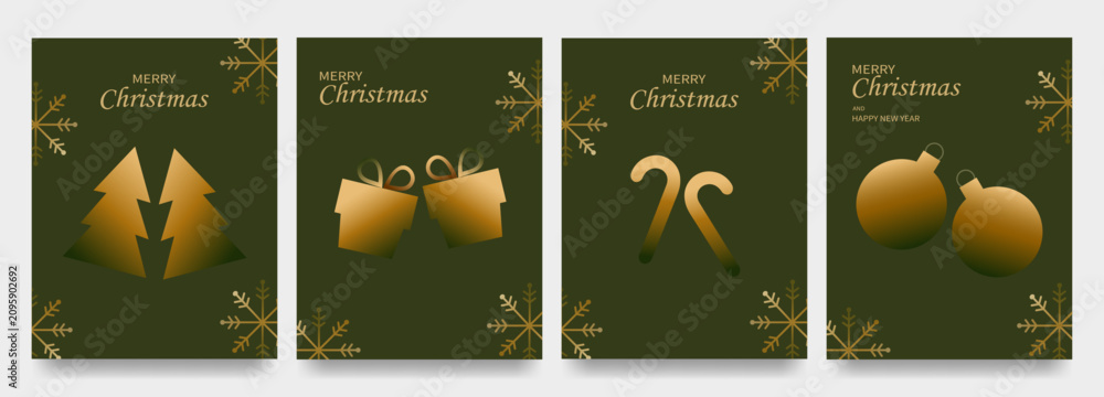 Fototapeta premium Christmas Card Set of 4, Luxury Minimal Merry Christmas Greeting Card Templates with Golden Gradient Christmas Tree, Gift Box, Candy Cane and Baubles on Dark Green Background Vector.