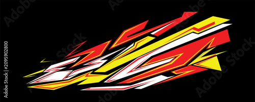 Abstract racing background with dynamic geometric livery stripe shapes in neon green and red on a black backdrop.