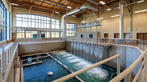 Industrial water treatment plant facility featuring large aeration tank and cascading waterfall system