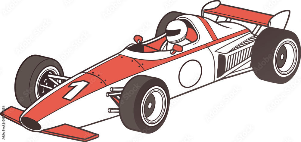 Fototapeta premium Classic Formula 1 race car with driver in red and white vector illustration
