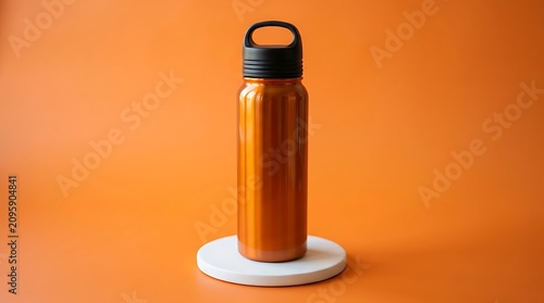 Modern glossy drinking bottle on a metallic Tangerine and a black lid is set over a plain White base. set over Tangerine background