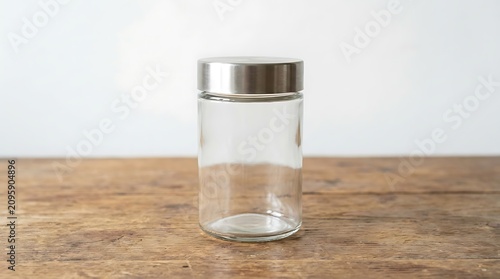 One empty jar of transparent glass with closed metal cap on the wood desk.White wall at background.Clean glassy container
