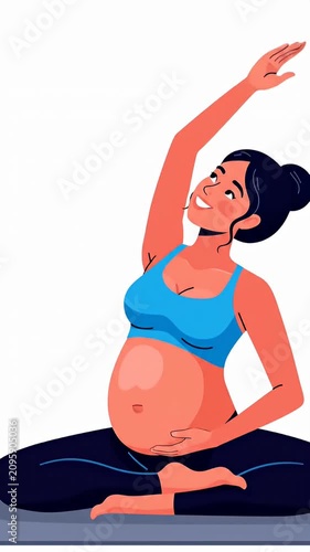 Pregnant woman practicing yoga on blue mat white background.