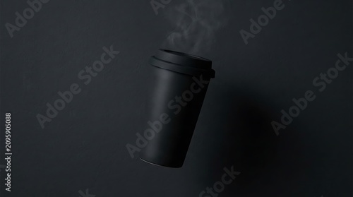 Black cup of coffee with black top cap on the dark background