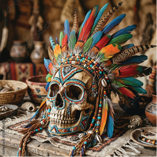 Colorful Calavera Skull with Feathered Headdress Displayed at Market Inspired by Dia de los Muertos.