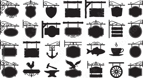 Vintage style black and white shop sign collection with icons