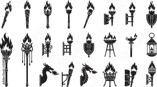 Collection of ancient torch and flame icons with shields and dragons