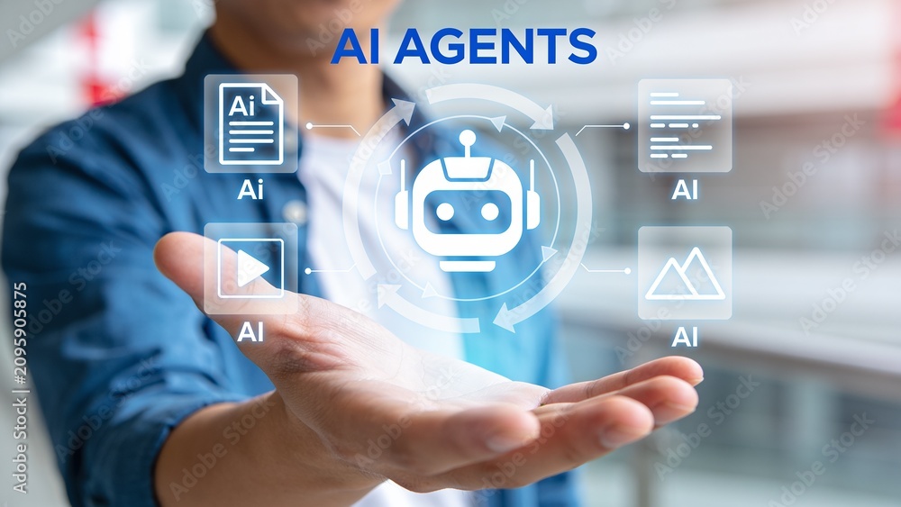 Obraz premium Man holding virtual interface representing AI agents and artificial intelligence automation technology