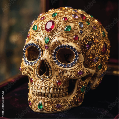 Intricately jeweled decorative skull with colorful gems and ornate filigree design.