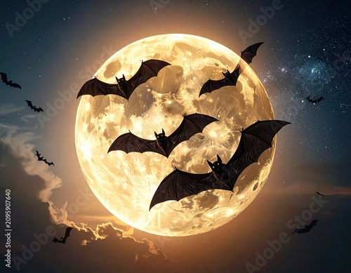 Spooky Halloween Night Background with Flying Bats Silhouettes Around Moonlit Earth Globe in Space, Dark Sky and Cloudy Vector Illustration