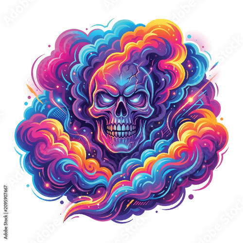 Vibrant Psychedelic Skull Illustration with Neon Clouds and Smoke.