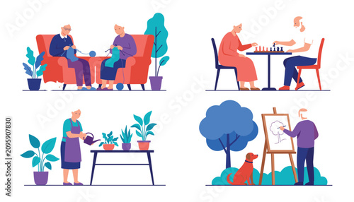 Active senior citizens engaging in various hobbies like knitting chess gardening and painting flat vector illustration set