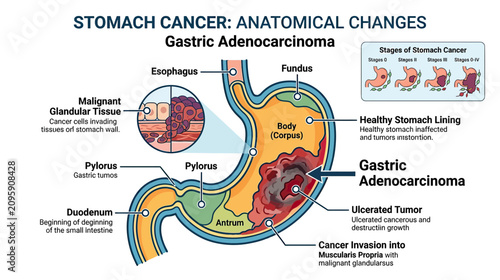 Foto Stomach Cancer Anatomical Changes: Gastric Adenocarcinoma Illustration