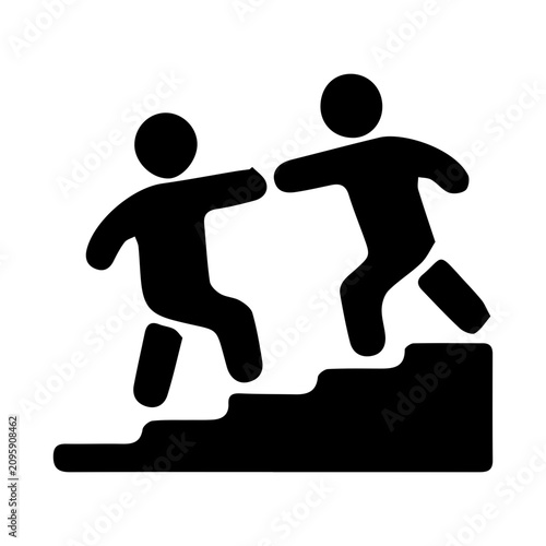 Two people helping each other climb stairs for leadership and business success isolated vector icon