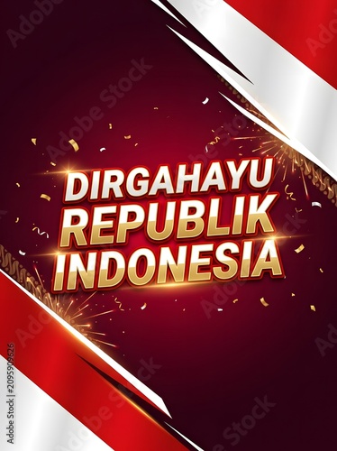 Vertical poster template for Indonesian Independence Day with luxury dark maroon theme, abstract brush strokes, and glowing golden text.