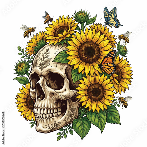 Illustrated skull surrounded by vibrant sunflowers with butterflies in bold floral artwork and gothic flair.