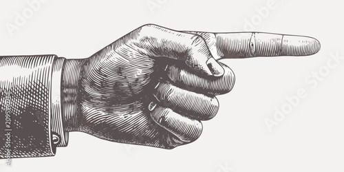 Photos Pointing hand illustration in vintage etching style on a light background