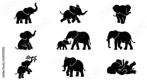 Photography 9 Silhouette Elephant Vector Icons, Cute Baby and Adult Animal Poses, Wildlife G
