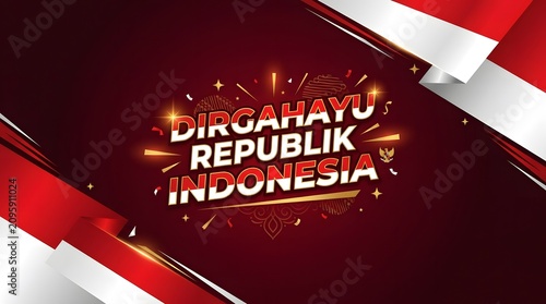 Modern dark red background for Indonesian national day with dynamic light sparks, glowing particles, and red-white ribbon corner.