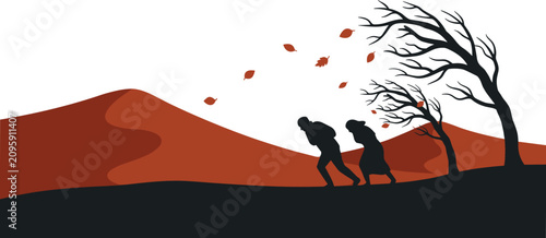 Silhouette of an Elderly Couple Walking Against Strong Wind in an Autumn Landscape with Falling Leaves Vector Illustration