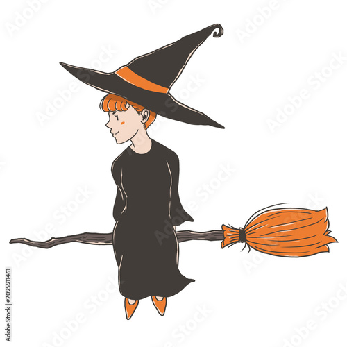 cute cartoon a young witch with orange hair flying on a magical broomstick wearing a classic black dress, orange shoes and tall black witch hat, Halloween Hand-drawn style clipart