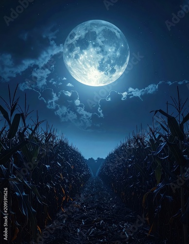 Halloween Night Landscape with Full Moon Over Dark Forest and Moonlit Ocean Beneath a Starry Sky with Dramatic Blue Clouds