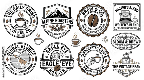 Photos Coffee Shop Logos and Badges Collection: Vintage Style Brew & Co