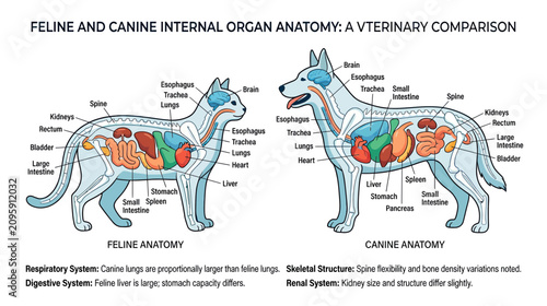 Schilderij op canvas Feline vs Canine Internal Organ Anatomy Comparison Veterinary Illustration