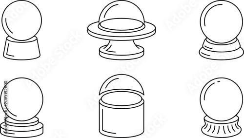 Фотография Simple black and white line art vector icon set featuring a imesgrid of six magic crystal balls, divination spheres, and glass display domes, featured in image_ffd318