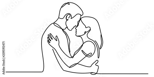 Canvastavla Continuous single line drawing of a romantic couple hugging and looking at each