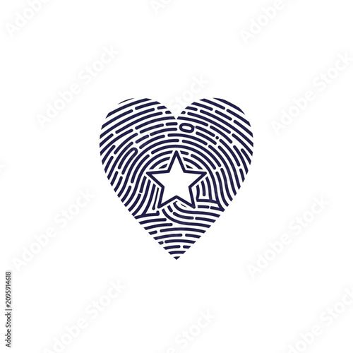 Heart shaped fingerprint icon with center star symbol.