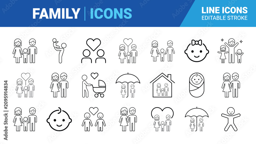 Fototapeta premium Family icons set editable stroke line art vector
