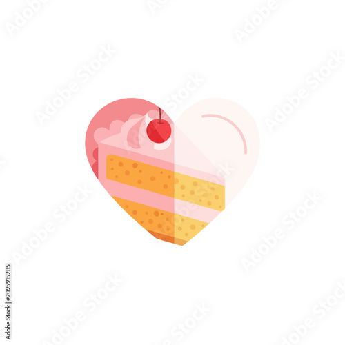 Heart shaped slice of strawberry cake with a cherry.