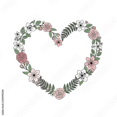 Heart shaped floral wreath with roses and green leaves.