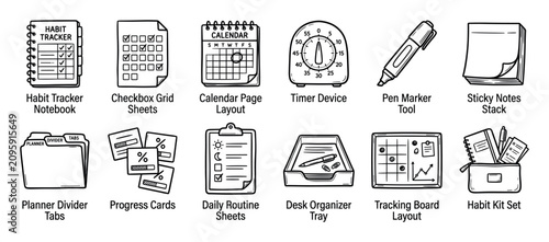 Set of hand drawn icons for habit tracking and planning, featuring a notebook, calendar, timer, and checklist in a black and white doodle style illustration collection for productivity
