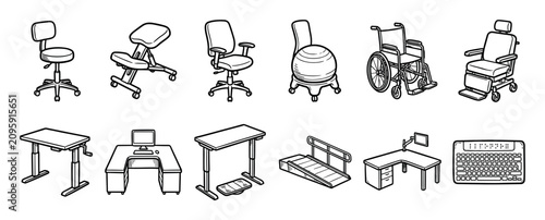 Collection of ergonomic office furniture and assistive technology icons including a wheelchair, standing desk, and braille keyboard for workplace accessibility and inclusion