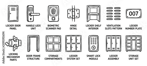 Hand-drawn locker and storage unit components icon set showing various parts like doors, smart locks, hinges, and biometric scanners in a black and white doodle style illustration