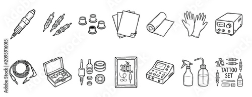 Large set of tattoo equipment illustrations showing various tools for a tattoo artist in a hand-drawn black and white doodle style for professional body art creation