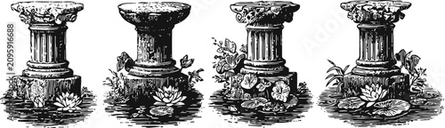 engraving classical greek and roman columns with floral decorations