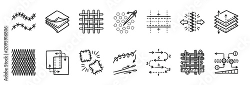 Textile property and sewing instruction icon set with hand-drawn symbols for fabric layers, weave, stitch types, elasticity, and technical diagrams in a minimal outline style