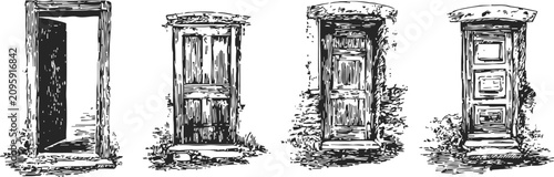 vintage hand drawn wooden door illustrations set with various designs and details