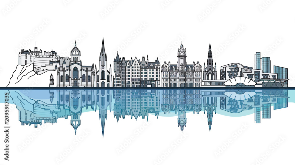 Fototapeta premium Edinburgh Skyline Silhouette Reflection, Scotland Landmark Architecture Drawing