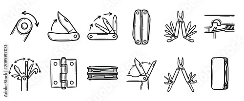 Hand-drawn multi-tool and folding mechanism icons showing various pocket knives, pliers, and hinges in a black and white line art doodle style with arrows indicating movement