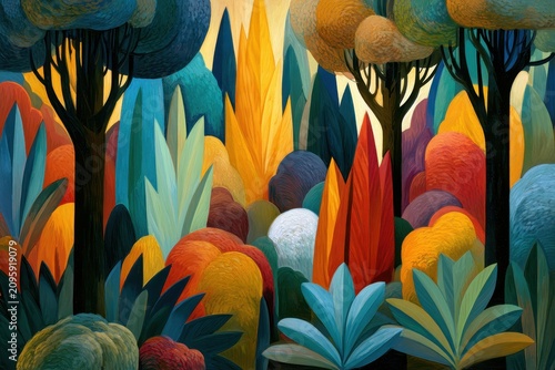 Colorful forest landscape showcasing vibrant textured foliage in a sharp focus macro shot for creative interior design marketing
