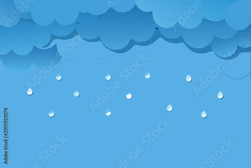 Foto Layered paper rain cloud with falling droplets blue background