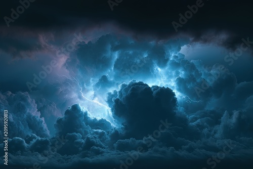 Storm clouds glowing with electrical lightning in a dark night sky cinematic wide shot for weather news marketing
