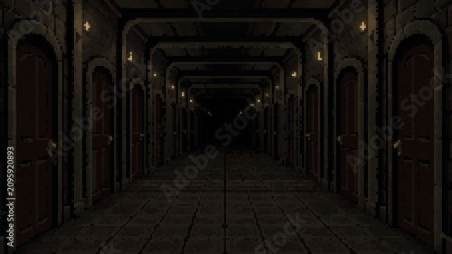 Fotografía Eerie dark corridor with multiple doors, pixel art illustration